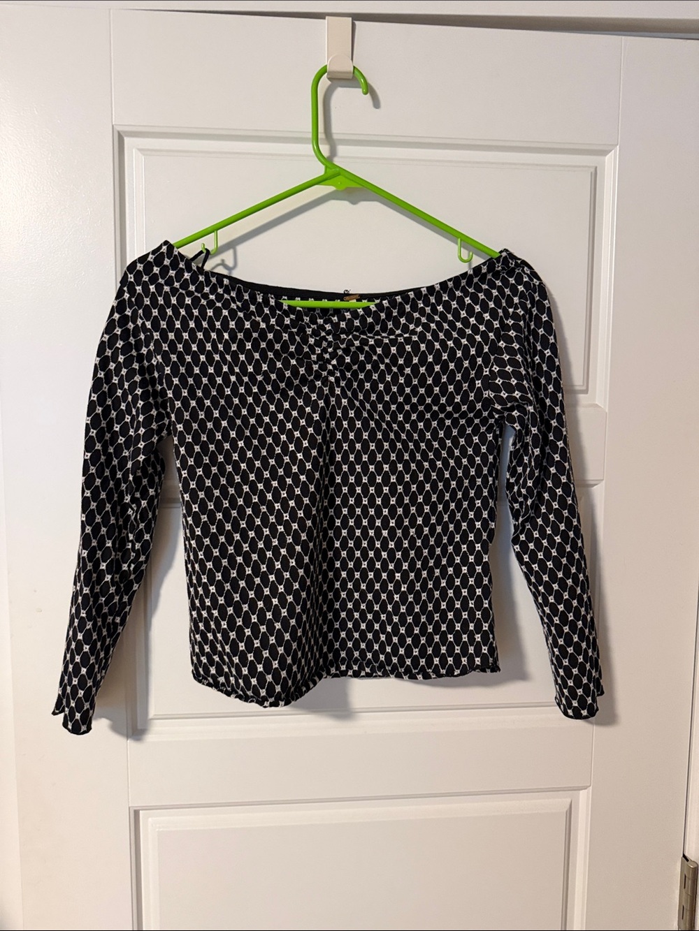 Free People Black & White Geometric Off-Shoulder Long Sleeve Top